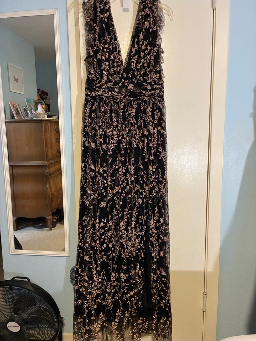 Black Maxi Dress with Delicate Pink/Gold Sparkling Floral Embroidery
